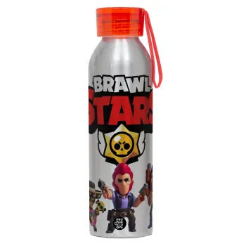 Brawl Stars Desert, Αλουμινένιο Αθλητικό Μπουκάλι 650ml – Ασημί με Κόκκινο Καπάκι και Λουράκι Σιλικόνης