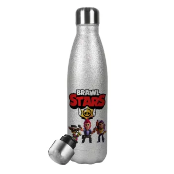 Brawl Stars Desert, Μεταλλικό παγούρι θερμός Glitter Aσημένιο (Stainless steel), διπλού τοιχώματος, 500ml