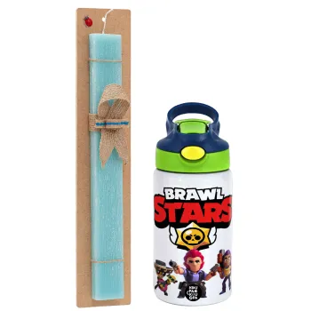 Brawl Stars Desert, Πασχαλινή Λαμπάδα με Παιδικό παγούρι θερμό, ανοξείδωτο, με καλαμάκι ασφαλείας, πράσινο/μπλε (350ml) & κερί αρωματικό πλακέ (30cm) (ΤΙΡΚΟΥΑΖ)