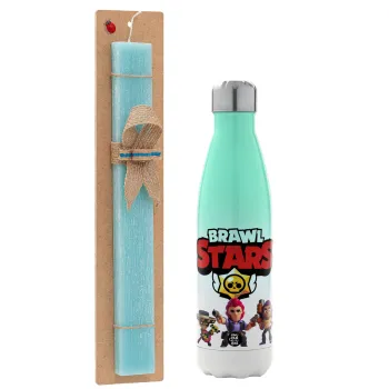 Brawl Stars Desert, Easter Set, Metallic green/white thermos (Stainless steel), double-walled, 500ml & scented flat Easter candle (30cm) (TURQUOISE)