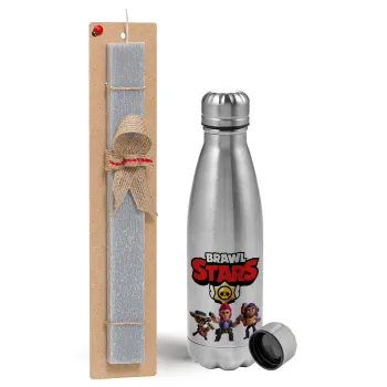 Brawl Stars Desert, Easter Set, metallic Inox water bottle (750ml) & aromatic flat Easter candle (30cm) (GRAY)
