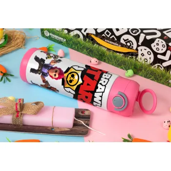 Brawl Stars Desert, Πασχαλινή Λαμπάδα με Παιδικό παγούρι θερμό, ανοξείδωτο, με καλαμάκι ασφαλείας, ΡΟΖ (500ml)