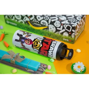 Brawl Stars Desert, Πασχαλινή Λαμπάδα με Travel Tumbler θερμό με διπλό καπάκι (600ml, BPA free) & κερί αρωματικό πλακέ (30cm) (ΤΙΡΚΟΥΑΖ)