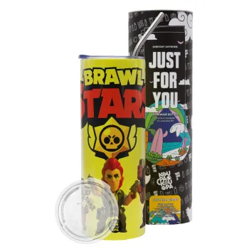 Brawl Stars Desert, Neon Yellow Travel Tumbler θερμό, μεταλλικό καλαμάκι(Ανωξείδωτο 304 Food grade, BPA free, 600ml)