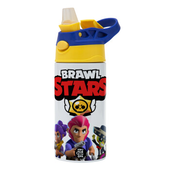 Brawl Stars Blue, Children's hot water bottle, stainless steel, with safety straw, green, blue (360ml) BPA FREE