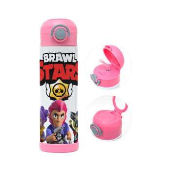 Brawl Stars Blue, Children's hot water bottle, stainless steel, with safety straw, PINK (500ml)