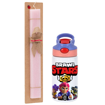Brawl Stars Blue, Easter Set, Children's thermal stainless steel water bottle with safety straw, pink/purple (350ml) & Easter scented flat candle (30cm) (PINK)
