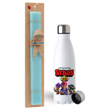 Brawl Stars Blue, Easter Set, metallic stainless steel water bottle (750ml) & aromatic flat Easter candle (30cm) (TURQUOISE)