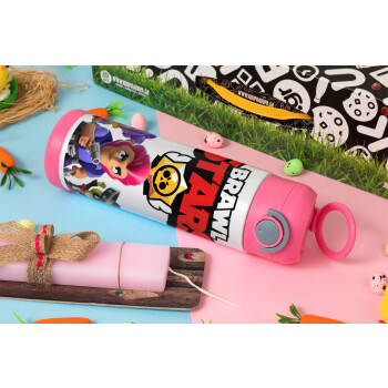 Brawl Stars Blue, Easter candle, Childrens hot water bottle, stainless steel, with safety straw, PINK (500ml)
