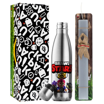 Brawl Stars Blue, Easter Set, metallic stainless thermos flask (500ml) & scented flat Easter candle (30cm) (GRAY)