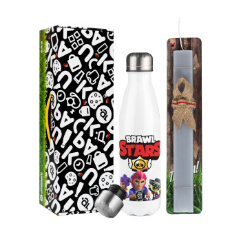 Brawl Stars Blue, Easter candle, metallic white thermos bottle (500ml) & aromatic flat candle (30cm) (GRAY)