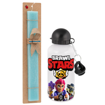 Brawl Stars Blue, Easter Set, metallic aluminum water bottle (500ml) & scented flat candle (30cm) (TURQUOISE)