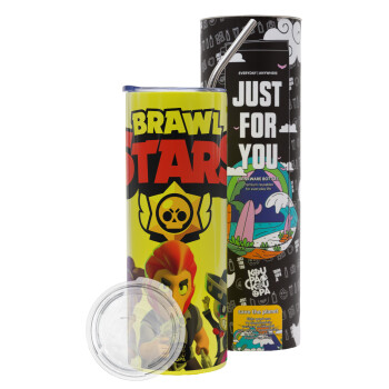 Brawl Stars Blue, Neon Yellow Travel Tumbler θερμό, μεταλλικό καλαμάκι(Ανωξείδωτο 304 Food grade, BPA free, 600ml)