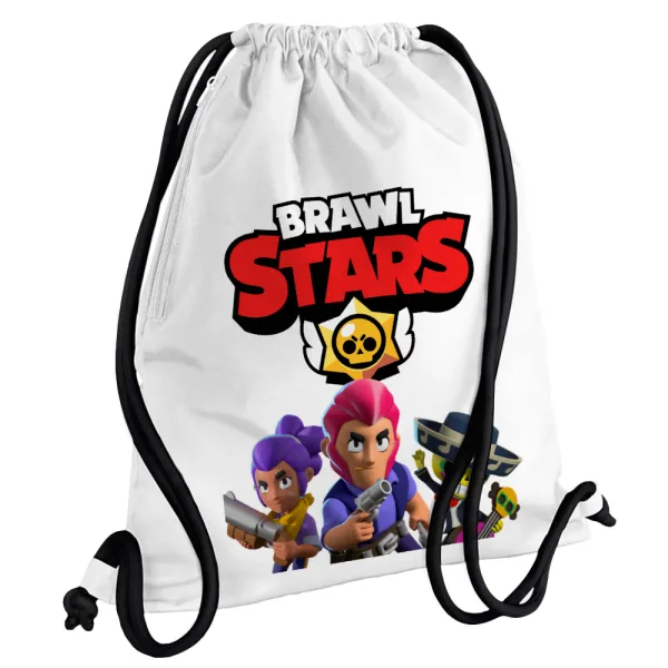Brawl Stars Blue — Τσάντα πλάτης πουγκί GYMBAG λευκή, με τσέπη (40x48cm) & χονδρά κορδόνια