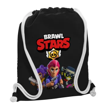 Brawl Stars Blue, Τσάντα πλάτης πουγκί GYMBAG Μαύρη, με τσέπη (40x48cm) & χονδρά λευκά κορδόνια