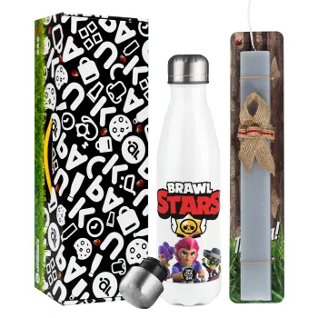 Brawl Stars Blue, Easter candle, metallic white thermos bottle (500ml) & aromatic flat candle (30cm) (GRAY)