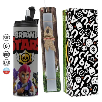 Brawl Stars Blue, Easter candle with Grey Tumbler Thermo 600ml & aromatic flat candle (30cm) (GREY)