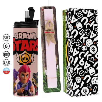 Brawl Stars Blue, Easter candle,Travel Tumbler 2 Lids, with metal straw & cleaning brush & aromatic flat candle (30cm) (PINK)