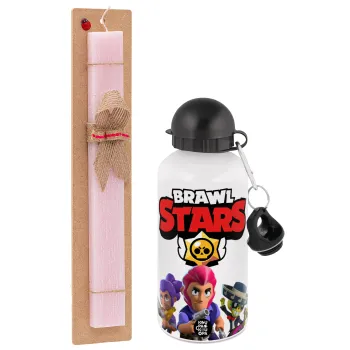 Brawl Stars Blue, Πασχαλινή Λαμπάδα με παγούρι μεταλλικό αλουμινίου (500ml) & κερί αρωματικό πλακέ (30cm) (ΡΟΖ)