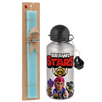 Brawl Stars Blue, Πασχαλινή Λαμπάδα με παγούρι μεταλλικό Ασημένιο αλουμινίου (500ml) & κερί αρωματικό πλακέ (30cm) (ΤΙΡΚΟΥΑΖ)