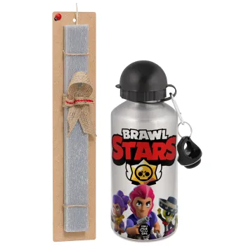 Brawl Stars Blue, Easter Set, metallic silver aluminum water bottle (500ml) & aromatic flat Easter candle (30cm) (GRAY)