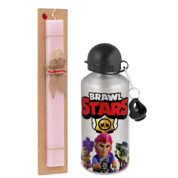 Brawl Stars Blue, Easter Set, metallic Silver aluminum water bottle (500ml) & scented flat Easter candle (30cm) (PINK)