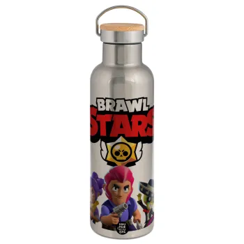Brawl Stars Blue, Μεταλλικό παγούρι θερμός (Stainless steel) Ασημένιο με ξύλινο καπακι (bamboo), διπλού τοιχώματος, 750ml