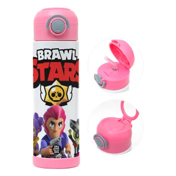 Brawl Stars Blue, Παιδικό παγούρι θερμό, ανοξείδωτο, με καλαμάκι ασφαλείας, ΡΟΖ (500ml)