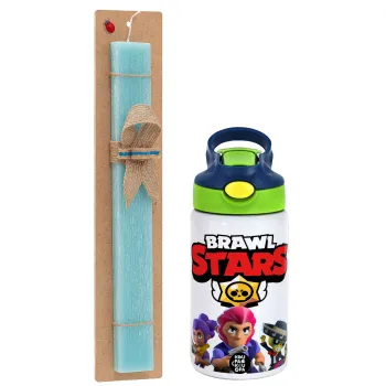 Brawl Stars Blue, Πασχαλινή Λαμπάδα με Παιδικό παγούρι θερμό, ανοξείδωτο, με καλαμάκι ασφαλείας, πράσινο/μπλε (350ml) & κερί αρωματικό πλακέ (30cm) (ΤΙΡΚΟΥΑΖ)