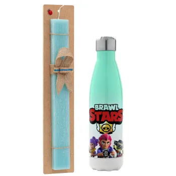 Brawl Stars Blue, Easter Set, Metallic green/white thermos (Stainless steel), double-walled, 500ml & scented flat Easter candle (30cm) (TURQUOISE)