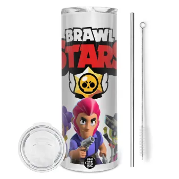 Brawl Stars Blue, Tumbler ποτήρι θερμό από ανοξείδωτο ατσάλι 600ml, με μεταλλικό καλαμάκι & βούρτσα καθαρισμού