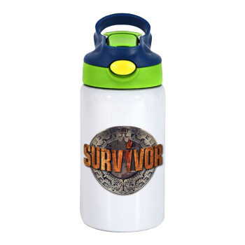Survivor, Children's hot water bottle, stainless steel, with safety straw, green, blue (350ml)