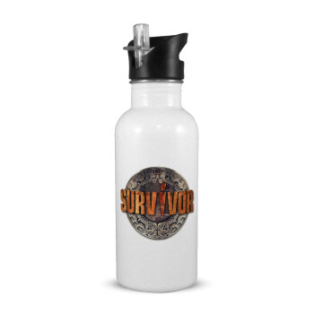 Survivor, White water bottle with straw, stainless steel 600ml