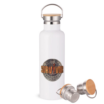 Survivor, Stainless steel White with wooden lid (bamboo), double wall, 750ml