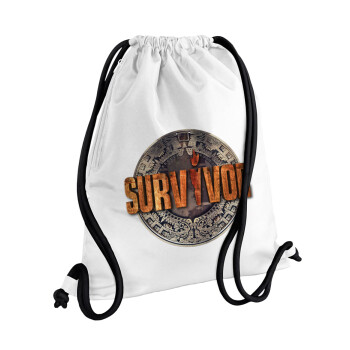 Survivor, Backpack pouch GYMBAG white, with pocket (40x48cm) & thick cords