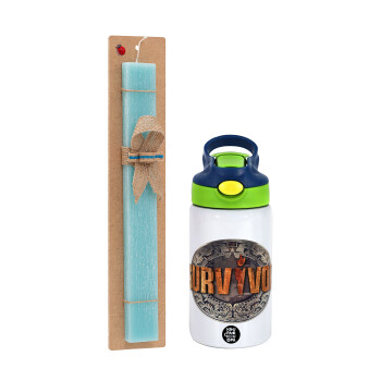 Survivor, Easter Set, Children's thermal stainless steel bottle with safety straw, green/blue (350ml) & aromatic flat Easter candle (30cm) (TURQUOISE)