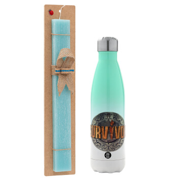 Survivor, Easter Set, Metallic green/white thermos (Stainless steel), double-walled, 500ml & scented flat Easter candle (30cm) (TURQUOISE)