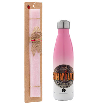 Survivor, Easter Set, Metallic pink/white (Stainless steel) thermos, double-walled, 500ml & aromatic flat Easter candle (30cm) (PINK)