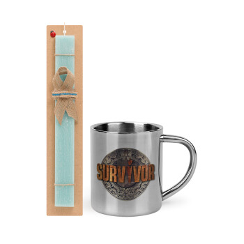 Survivor, Easter Set, metallic thermal cup (300ml) & aromatic flat Easter candle (30cm) (TURQUOISE)
