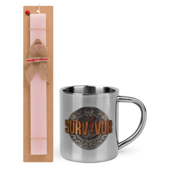 Survivor, Easter Set, metallic thermal cup (300ml) & aromatic flat Easter candle (30cm) (PINK)