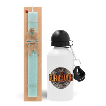 Survivor, Easter Set, metallic aluminum water bottle (500ml) & scented flat candle (30cm) (TURQUOISE)