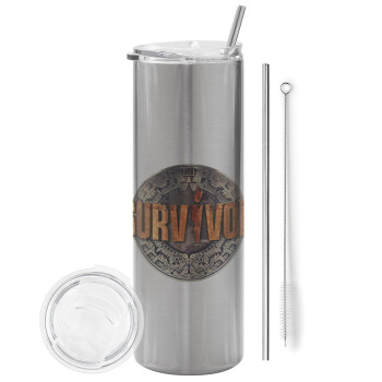 Survivor, Eco friendly stainless steel Silver tumbler 600ml, with metal straw & cleaning brush
