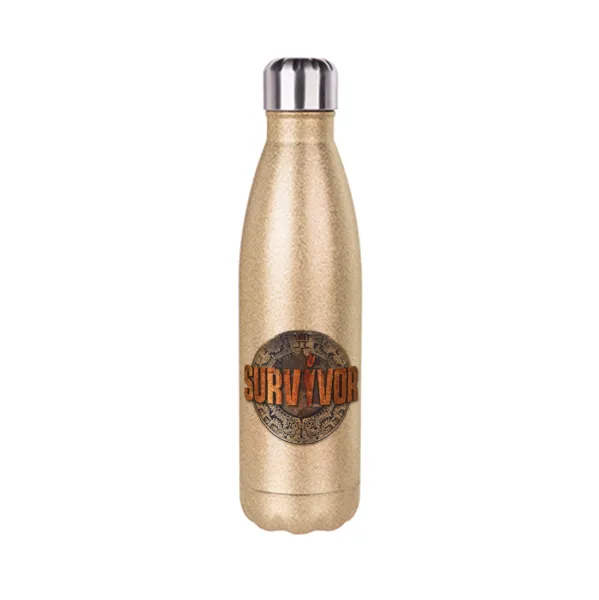 Survivor — Glitter gold stainless steel thermos bottle, double-walled, 500ml