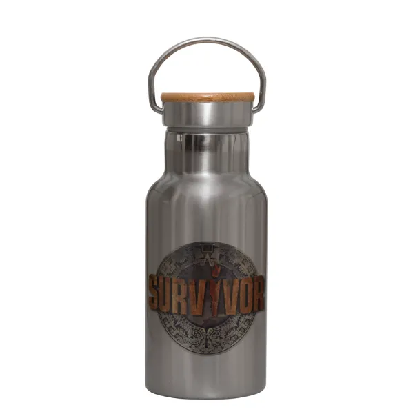 Survivor — Stainless steel metallic thermos flask, silver with a bamboo lid, double-walled, 350ml.