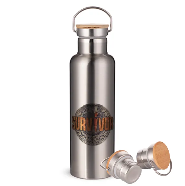 Survivor — Μεταλλικό παγούρι θερμός (Stainless steel) Ασημένιο με ξύλινο καπακι (bamboo), διπλού τοιχώματος, 750ml