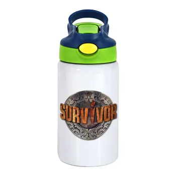Survivor, Children's hot water bottle, stainless steel, with safety straw, green, blue (350ml)
