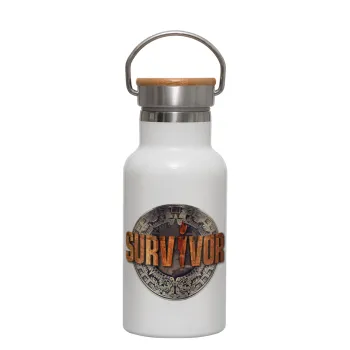 Survivor, Metallic thermos (Stainless steel) White with wooden lid (bamboo), double-walled, 350ml