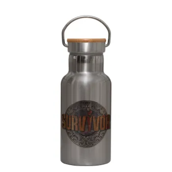 Survivor, Stainless steel metallic thermos flask, silver with a bamboo lid, double-walled, 350ml.