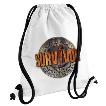 Survivor, Τσάντα πλάτης πουγκί GYMBAG λευκή, με τσέπη (40x48cm) & χονδρά κορδόνια