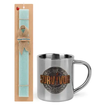 Survivor, Easter Set, metallic thermal cup (300ml) & aromatic flat Easter candle (30cm) (TURQUOISE)